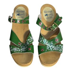 Dala Hand-Painted Wooden Clogs Ladybugs Flowers Green Straps EUC Size 36
